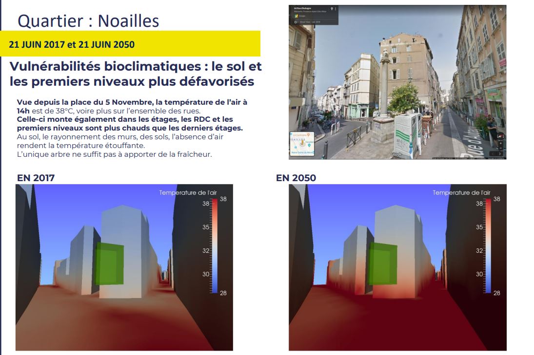 Modélisation de l’évolution des températures entre 2017 et 2050 qui met en évidence le réchauffement du sol dû au rayonnement des murs et à l’absence d’air notamment