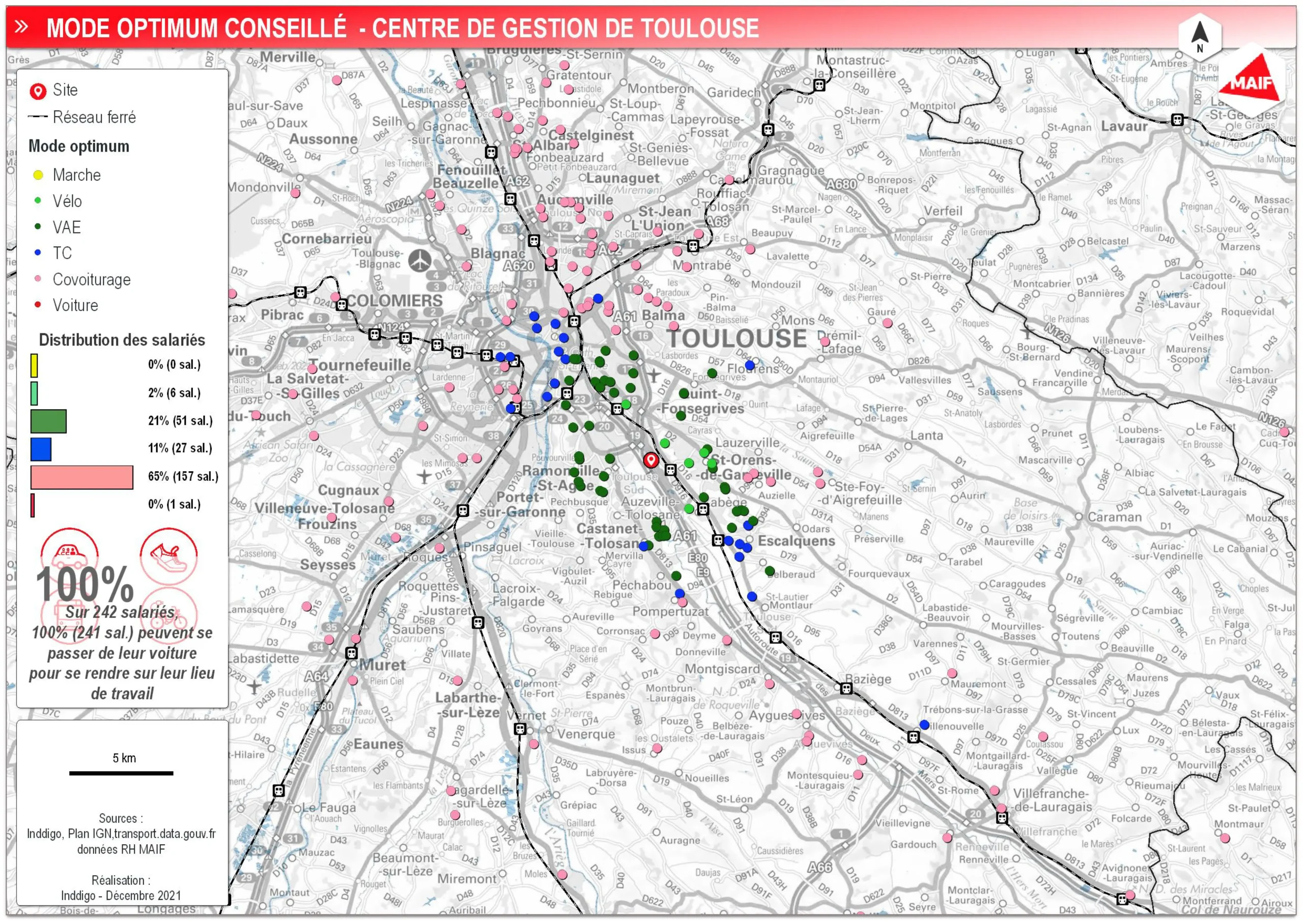 Cartographie des modes de transport conseillés aux collaborateurs du Centre de gestion MAIF Toulouse par Inddigo