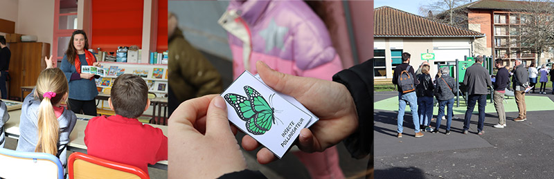Photo montage qui présente en situation dans la cour, en classe, avec les élèves, les enseignants, les élus, la concertation menée pour la végétalisation des cours d’école. Une méthode ludique, mobilisatrice et très productive