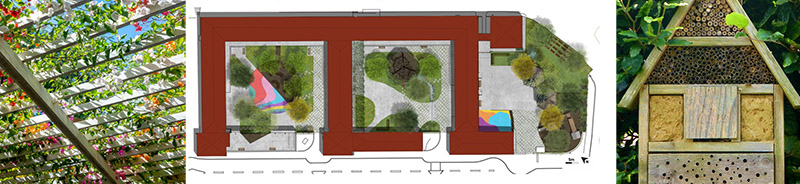 Photomontage présentant l’esquisse programmatique des 3 cours dans le cadre du projet de végétalisation de l’école du développement durable Tivoli, accompagnée de Solutions Fondées sur la Nature voulues par les enfants et les adultes : pergola végétale, rivière pédagogique, nichoirs à insectes.