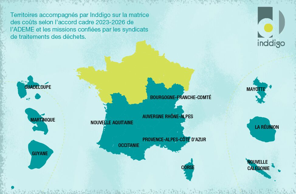 Cartographie des territoires accompagnés par Inddigo sur la matrice des coûts selon l’accord-cadre 2023-2026 en mobilisant la méthode ComptaCoût.