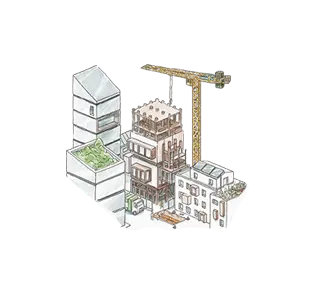 Dessin représentant un bâtiment en bois en construction