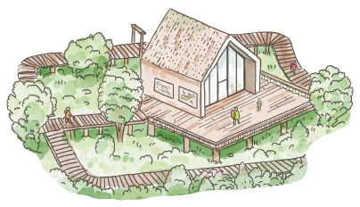 essin représentant un bâtiment en bois, dans un parc végétalisé, accessible par des passerelles en bois