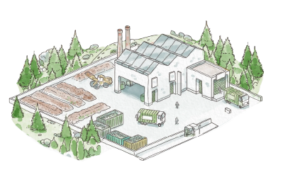 Dessin représentant une chaufferie biomasse et une unité de valorisation des biodéchets