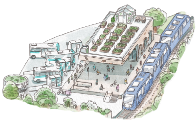Dessin représentant une plateforme multimodale comprenant une gare avec un train, un pôle transport en commun, des cyclistes et des piétons.