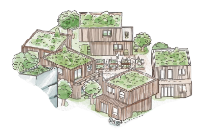 Dessin représentant un quartier constitué de bâtiments en bois végétalisés, des jardins partagés, des composts et des habitants