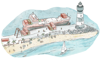 Dessin représentant le déchargement d’un navire dans un port maritime