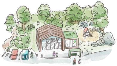Dessin représentant une maison de la santé située dans un quartier pensé pour atténuer les impacts de l’environnement sur la santé.